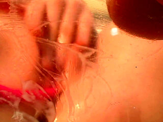 Close up Creamy Dildo Fuck & Masturbation Thru the Glass Table