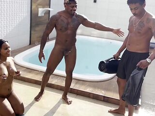 Cheating busty Latina wife fucks with her husband's best friend near the pool