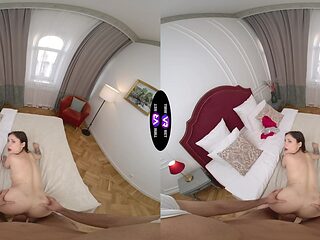 Teen Mandy Moon's seductive brown locks in VR as she gives a sloppy BJ