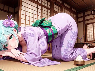 Green-haired Kimono Girl's Private Morning! Purple Yukata Slightly Damp, Kneeling on the Bed in a Japanese Room