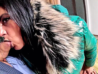 Glossy Fur Hooded Downjacket POV. Deepthroat, Sleeve Play, Riding and Double Cum