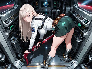 Private moments inside the futuristic spaceship where her white uniform is stretched to perfection.