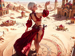 Desert Fantasy! Silver-haired Saintess's Private Dance in the Red-Gold Palace, light ribbons wrapping around her.