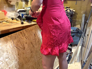 Garage Fucking with Redhead Worker Girl with Hairy Pussy, man with broken hand