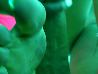 4K Tanning Studio Footjob From Hot Blonde MILF with Long Neon Green Toenails & Cum on Toes