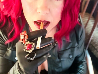 Your Mistress Tina Snua Dressed in Leather Chain Smoking 2 Cork Cigarettes