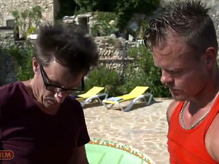 Threesome with a Hot Brunette at the Swimming Pool