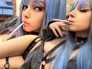 Blue Hair Step Sis Smoking for you with no bra (ask me for full vid)