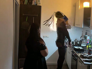 Dominant MILF Stretches Latex Sub's Ass Wide in Kitchen