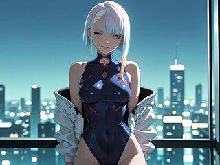 Step sister gives horny bedroom blowjob in intense cyberpunk action