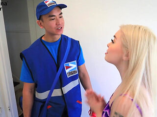 Petite Blonde Haley Spades Gets Fucked by Asian Mailman - Tiny White Girl Vs Big Asian Cock