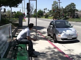 Busty mature cougar milf picks up lucky guy at bus stop for sex