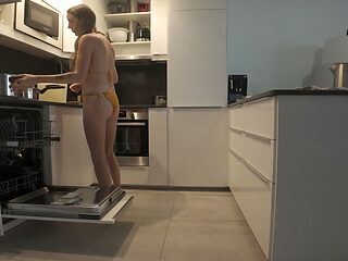 Sexy Submissive House Wife In Orange Bikini Eagerly Does The Chores Before Her Master Gets Home, Hoping For A Big Reward