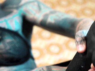 Inked Slut Penetrate Herself on Massive Black Dildo - Thigh High Heels & Anal Ride