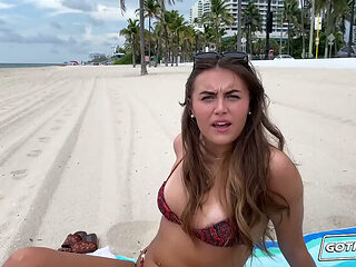 Selina Bentz Gets Filled on the Beach - Brunette with Tan Lines Takes Big White Cock Doggystyle & Cowgirl for a Creampie