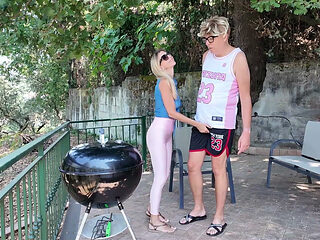 Distressed Stepaunt Seduces and Fucks Virgin Stepnephew to Convince Him to Help Her with the Bbq Before the Guests Arrive