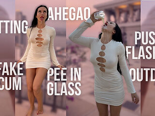 Outdoor Pussy Flashing, Pee in the Glass, Spit, Ahegao, Fake Cum on My Tits & Body