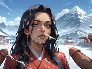 A Seductress Lies Sensually on Snow at a Japanese Shrine, Milk Spewing Out Down Her Body Against the Backdrop of Mount Fuji, Cherry Blossoms, and Torii Gates