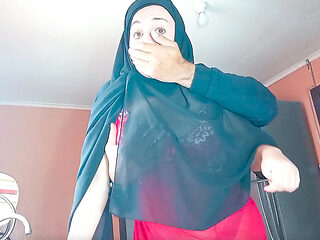 Muslim stepmother in a hijab fucking in the kitchen