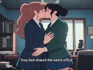 Coworkers seduce each other in a steamy animated lesbian scene.
