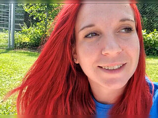 German redhead Malou-Nu gives best outdoor blowjob at pool for a hot deal