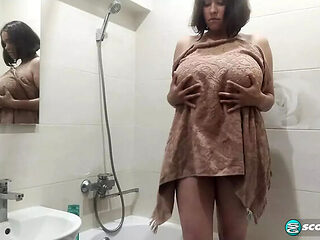 Busty Teen with Hairy Pussy Solo Masturbation in Bathroom