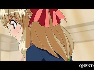 Anime school girl rubs and sucks fat dick