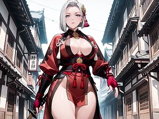 Silver-Haired Samurai's Private Dojo! Red & Black Kimono slightly open, dual swords in hand yet undeniably seductive.