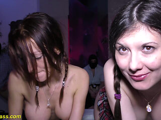 Two German teens in a rough gangbang fuck orgy