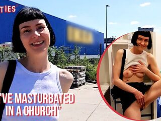 Black haired Delfine flashes her hairy pussy and plays in a store aisle