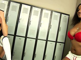 Gym Locker Room Threesome - Blonde, Ebony, and Brunette Share a Pink Toy