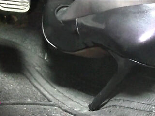 Revving and Driving in Black Pantyhose and Grey High Heels