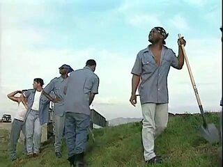 Outdoor gangbang with prisoners: Blowjob, Cumshot  Interracial Porn