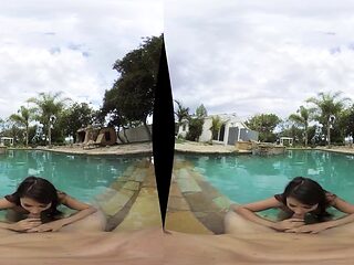 Amazing busty brunette slut doing blowjob outdoor