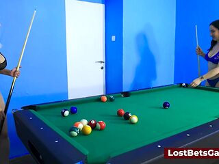 Big tits lesbian couple friendly strip pool game
