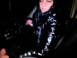 Night Pickup Downjacket MILF Fantasy, Smoking, Car Blowjob and Cum on Glossy Jacket