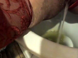 Red Lace Lingerie Pee Fetish - Big Tits Teasing and Messy Bathroom Play