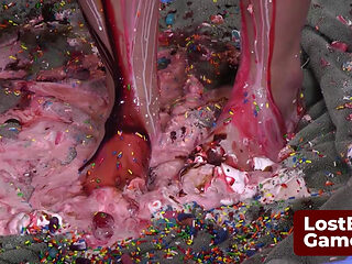 Four lesbians playing strip facial with messy food play