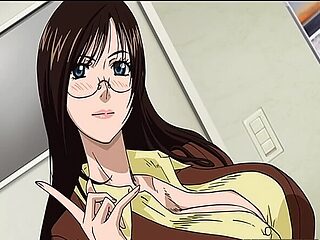 Brunette MILF with big tits and glasses in an office
