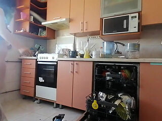 Sexy Stepmom Makes Breakfast, Hairy Pussy, Big Tits