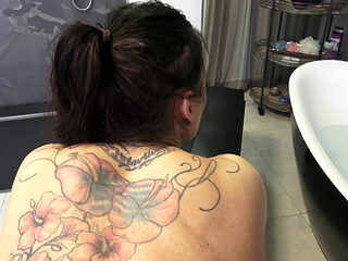 Tattooed Brunette Babe Sucks and Fucks Big Cock