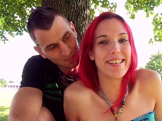 Redhead vixen devours his cock in a steamy blowjob