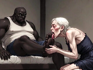 90 Year Old Granny Slave Licking Giant Black Man Feet - Wet Pussy Pleasure