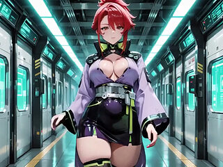 Ai-purple Kimono Seduction in the Neon Train Car, Fingertips Touching Collar, a Gaze That Drenches You!