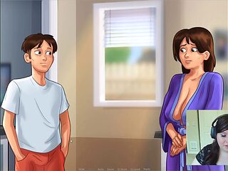 Summertime Saga marathon with a big-boobed gamer giving a handjob all night long