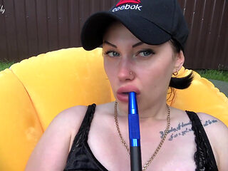 Hookah smoking outdoor & big lips tease