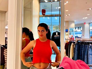 Busty Brunette Flashes in Store