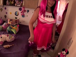 MILF Cheerleader Tease. Pink Uniform, Lollipop Play and Messy Bedroom Fantasy