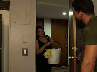 Broke blonde lets stepmom's boss fuck her for cash