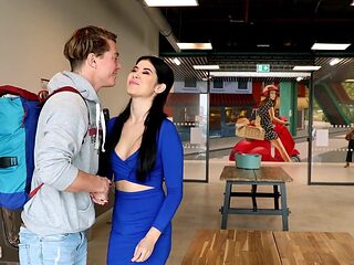 Brunette with a wet, shaved pussy gets fucked at work